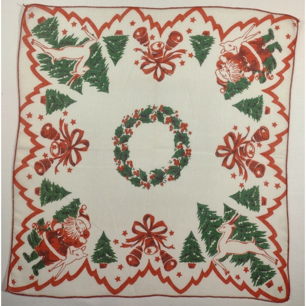 Vtg Xmas Hankie santa snowmen bells trees deer ribbon 13.5x14